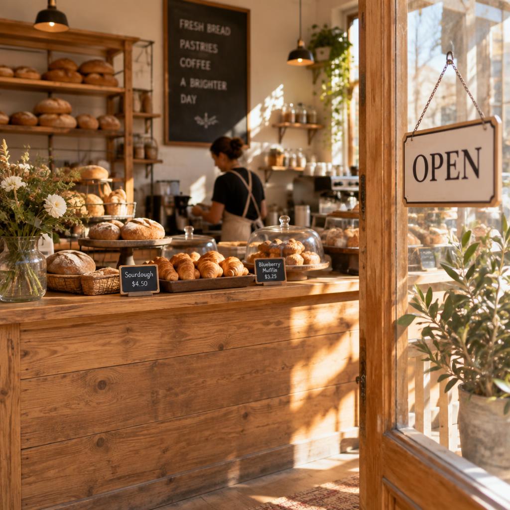 Warm sunlit interior of a local bakery with bread on display and an open sign